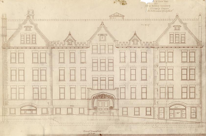 Original drawing of proposed Woman's Dorm for Millikin by Decatur architect, B.S. Brooks