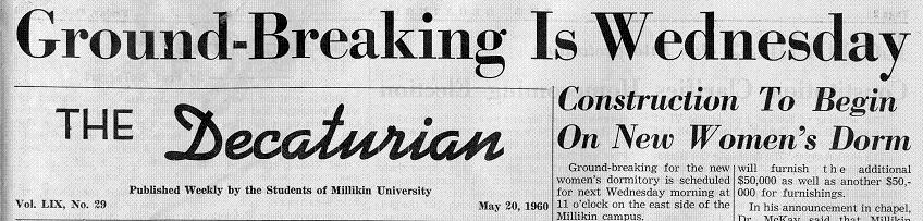 20 May, 1960 Decaturian announcement of the new women's dorm