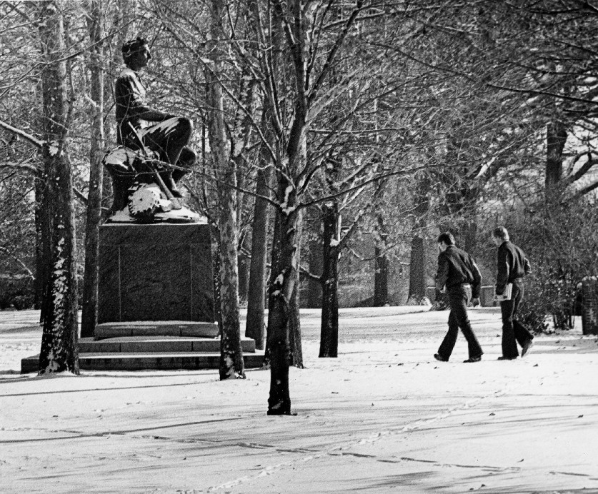 Winter image of side of statue