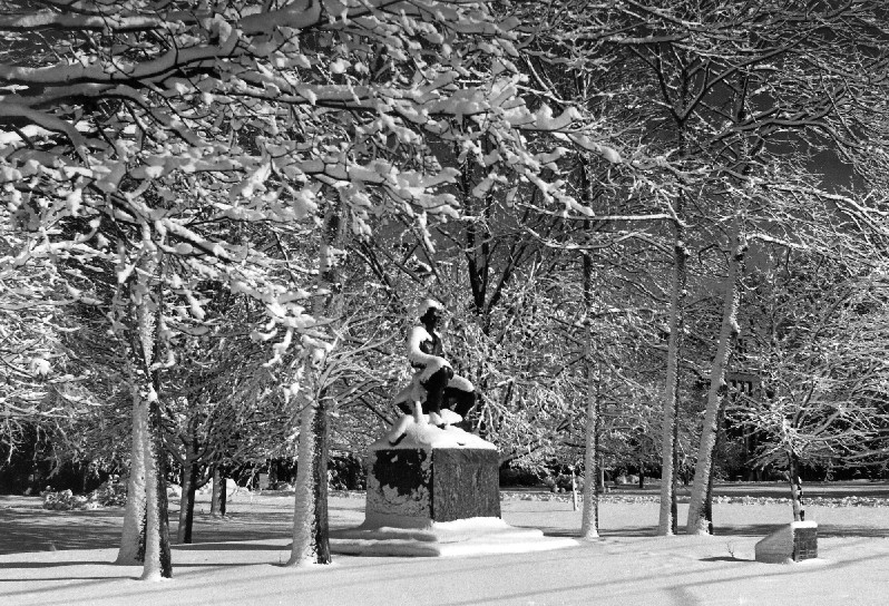 Winter image of side of statue