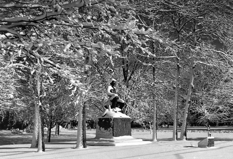 Winter image of side of statue