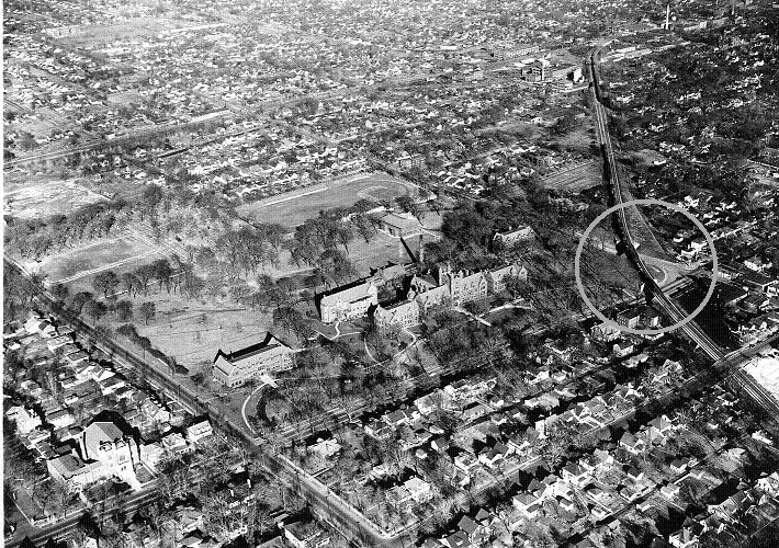Aerial view of Millikin campus with gray circle overlay (late 1930s)
