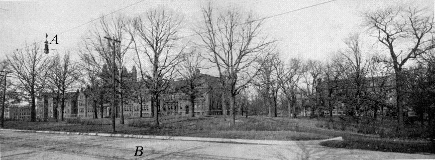 Millidek image of front campus showing rails and cables on West Main St. 