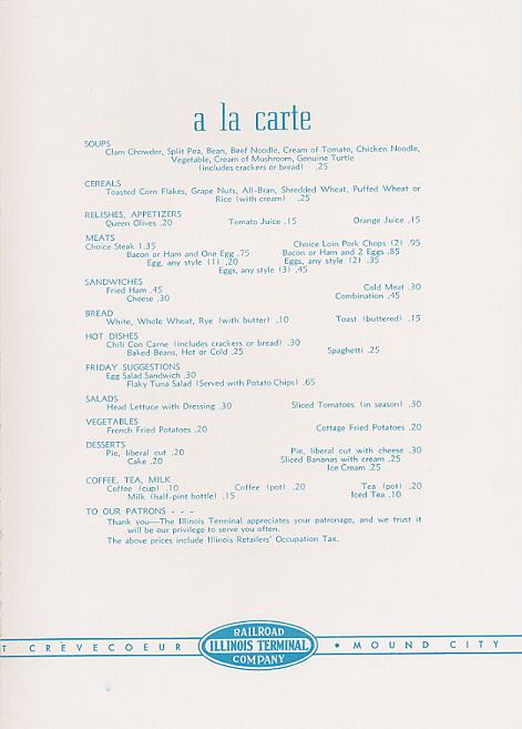  Inside right of Illinois Terminal Streamliner menu