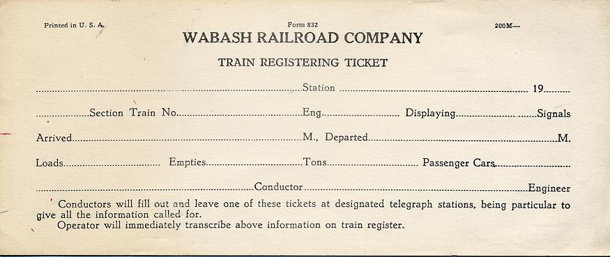 Blank train registering ticket