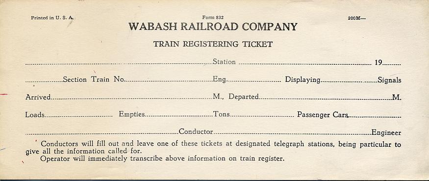 Blank train registering ticket
