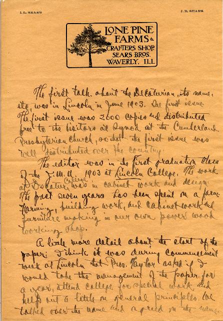 Sears' letter of 1915 page 1