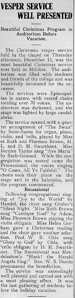 Review of the 1921 Christmas Vespers that appeared in The Decaturian on Jan 5th, 1922