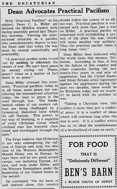 Dean advocates practical pacifism, October 1941 Decaturian