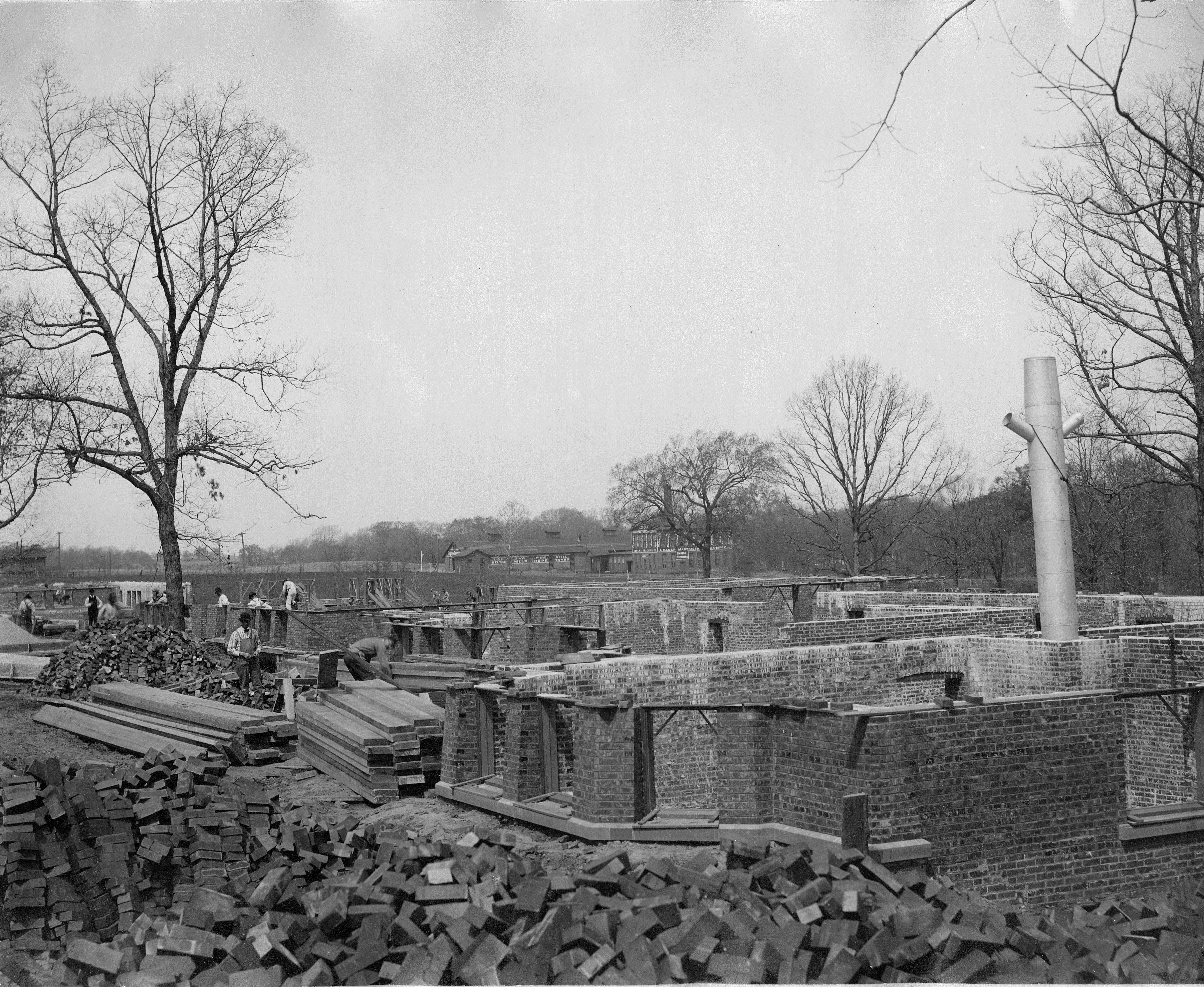 Black and white photo of the construction of Liberal Arts hall