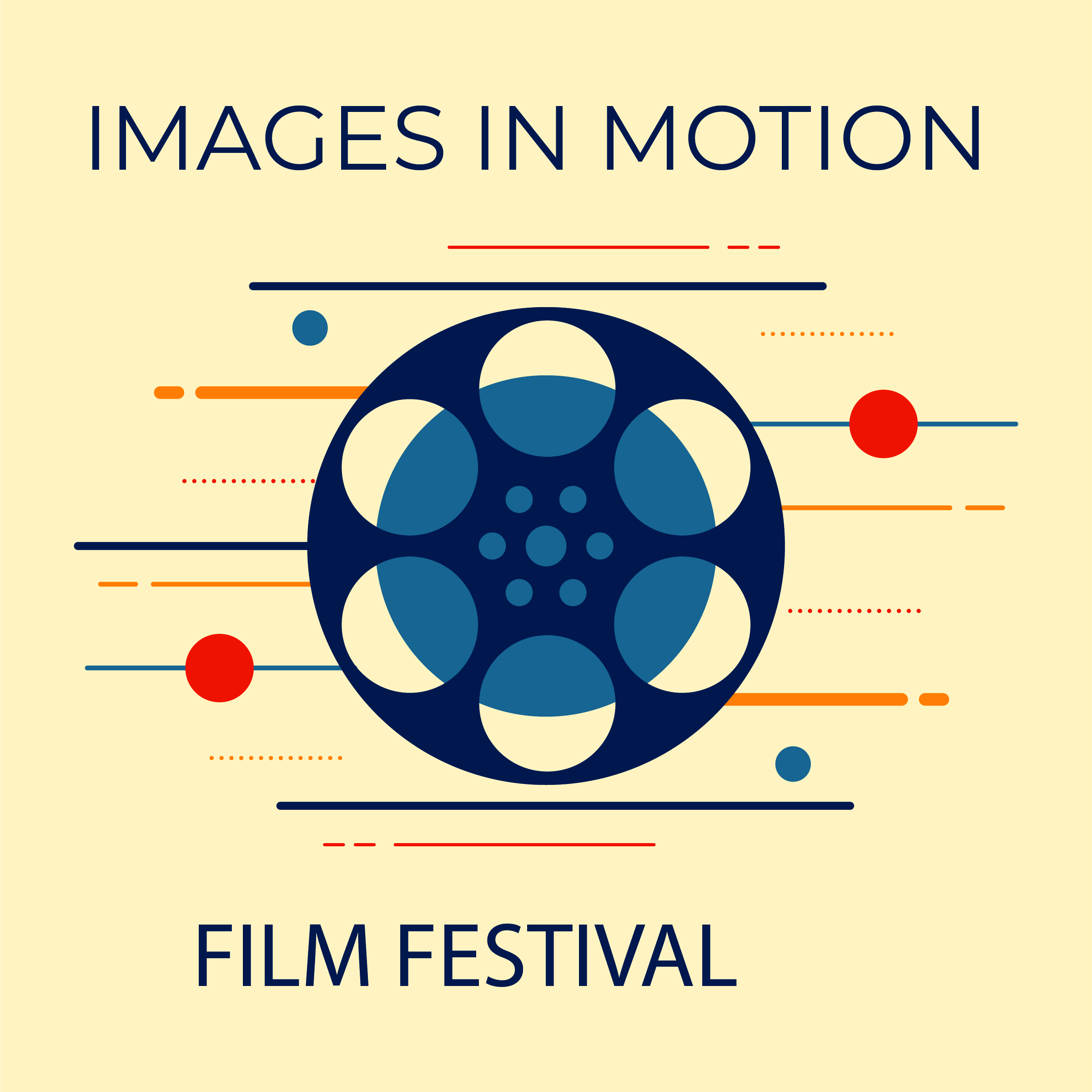 A graphic of a film reel on a cream colored background, with lines and dots figuratively representing motion and/or spinning of the wheel.