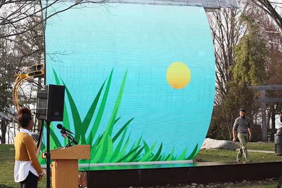 Students setting up art exhibit