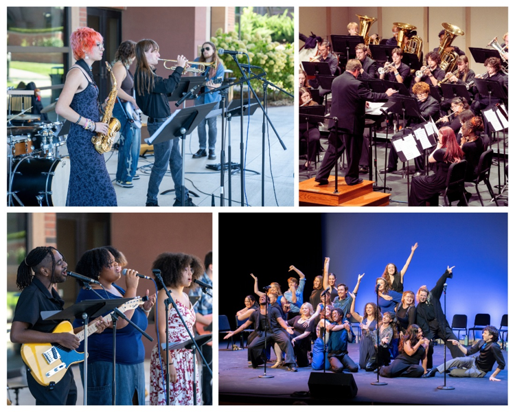 Jazz musicians, Symphonic Wind Ensemble Concert, more jazz musicians, and musical theatre cabaret students.