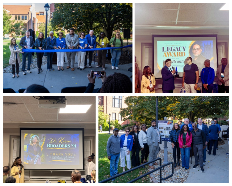 Collage of photos showing a the ribbon cutting of the African American Heritage Trail Marker, presentation of the BAM Achievement Award, Dr. Karen Broaders speaking, and individuals at the Heritage Trail sign unveiling.