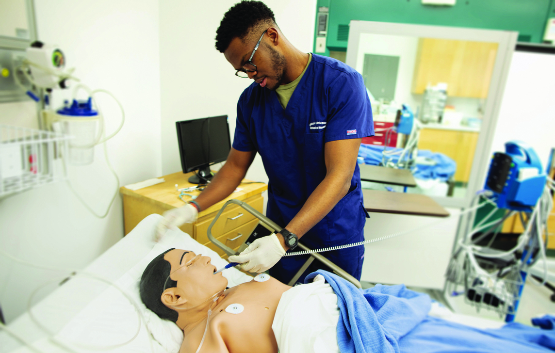 Student with medical equipment