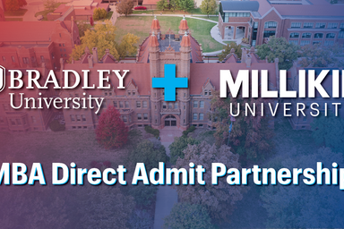 Graphic promoting a partnership between Bradley University and Millikin University. The image shows an aerial view of a university campus in the background with a red-to-blue gradient overlay. The Bradley University logo appears on the left, a plus sign in the center, and the Millikin University logo appears on the right. Large text at the bottom reads “MBA Direct Admit Partnership.”