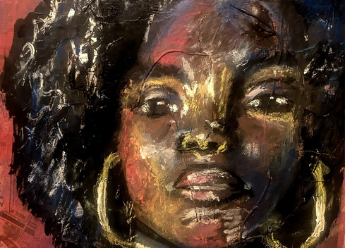 Painting of a beautiful woman&#039;s face, dark skin, wearing hoop earrings. 
