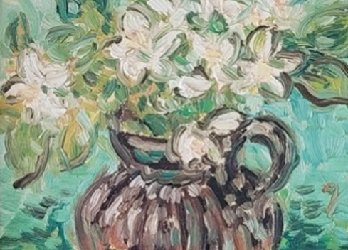 Robert Crowder, “White Flowers in Pitcher,” oil on canvas, 20” x 16”