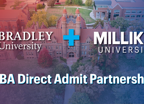 Graphic promoting a partnership between Bradley University and Millikin University. The image shows an aerial view of a university campus in the background with a red-to-blue gradient overlay. The Bradley University logo appears on the left, a plus sign in the center, and the Millikin University logo appears on the right. Large text at the bottom reads “MBA Direct Admit Partnership.”