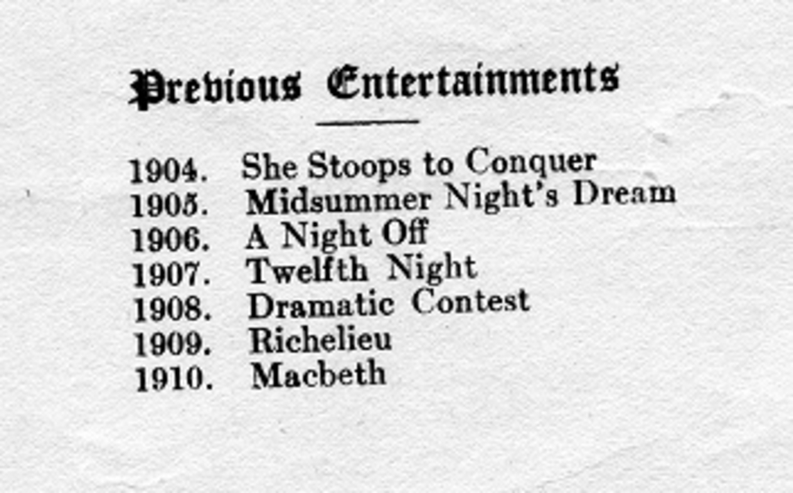 Dramatic Arts Club plays, 1904-1910