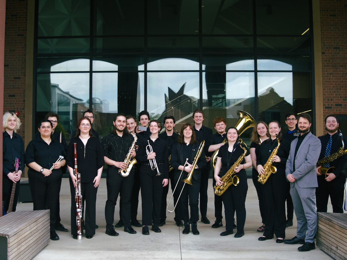 Jazz II stands in front of the Center for Theatre &amp; Dance.