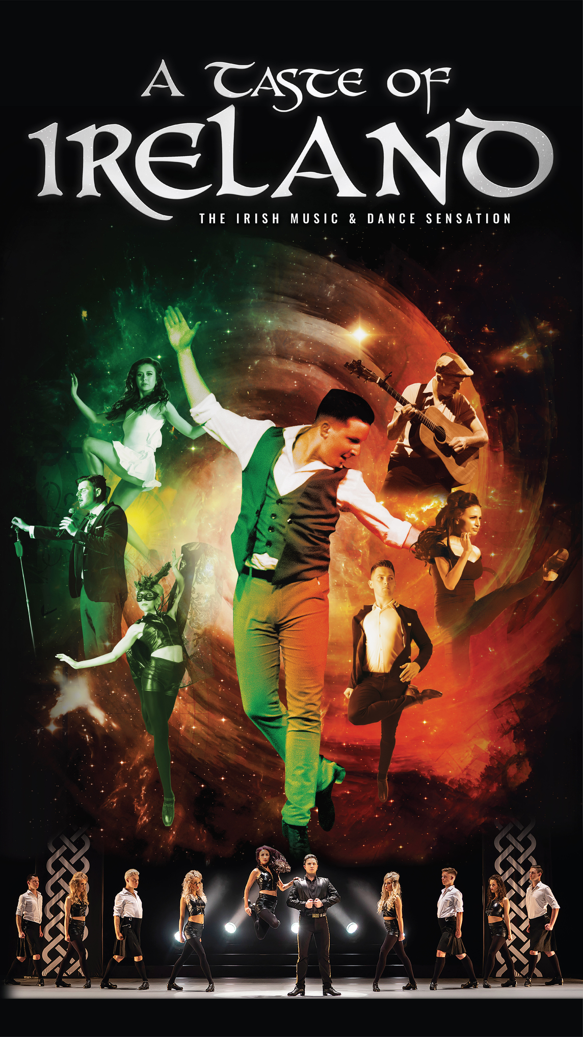 Irish dancers and musicians swirl in a mystical circle with the colors of the Irish flag.